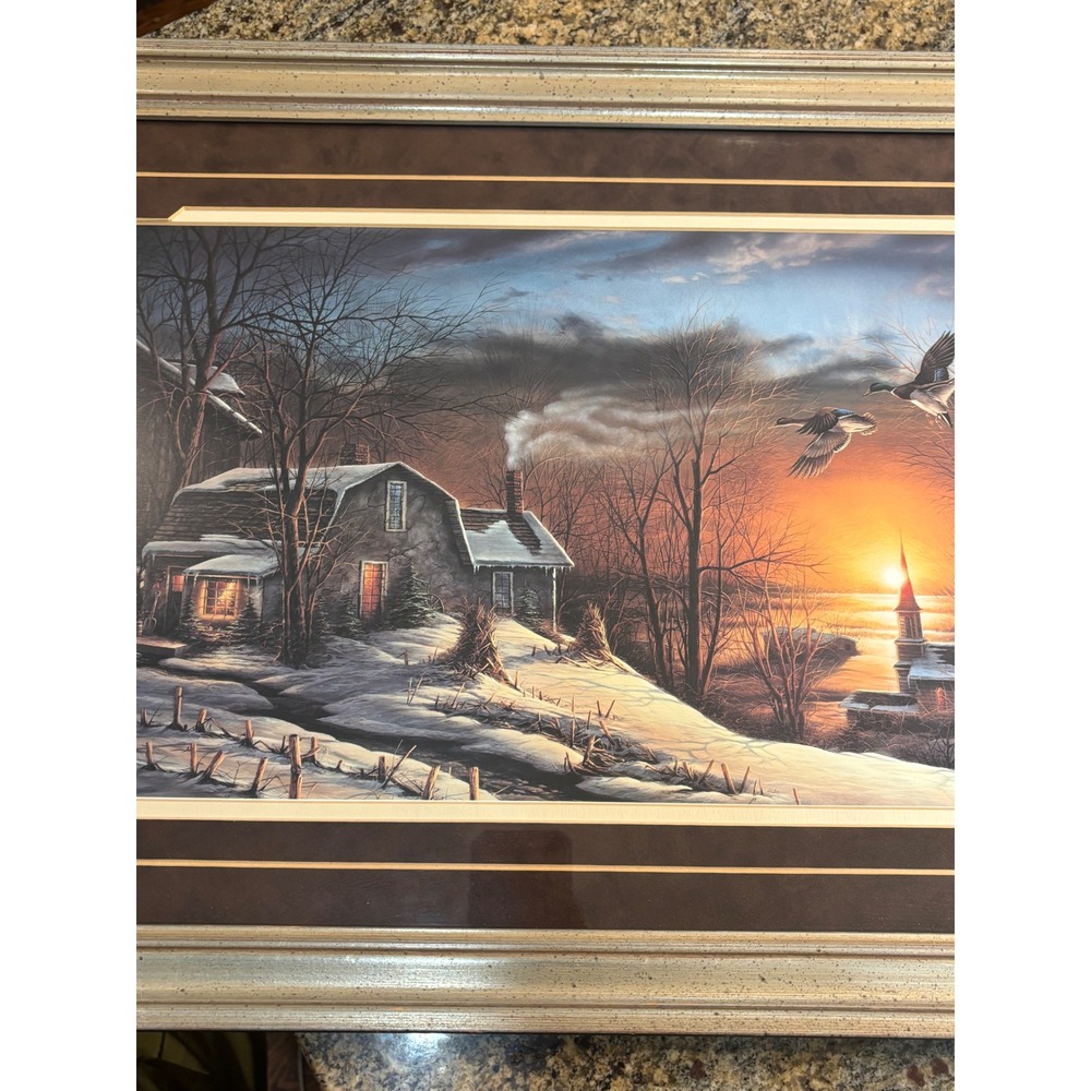 Terry Redlin "The Sharing Season" Print Winter Sunset Cabin Ducks 1985 24.5x17 - Picture 2 of 9